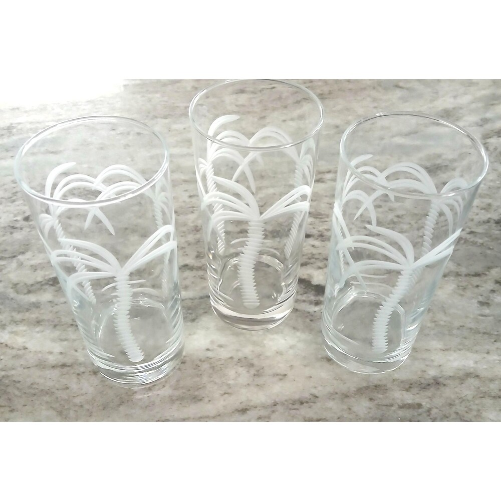Rolf Glass Palm Tree Highball Glasses Set of 3 | 15 Oz Engraved Tropical Cooler
